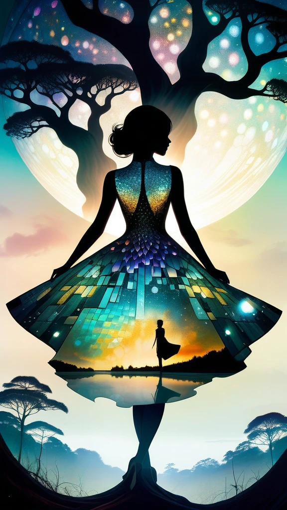 Futuristic utopia, Adventure, Aether, Kraken, Nebula, Verdant, Canvas, Spontaneous Human Combustion, Voyage, Lovely, Grateful, Forrest, (Double exposure:1.3) photo of a sexy lady made of mosaic of iridescent crystal glass with sub scattering mirror surface imposing onto transparent tree hollow trunk in living brocade underbust dress made out of flowers, bokeh sky by Peter Gric, Conrad Roset, Brandon Kidwell, Andreas Lie, Dan Mountford, Dan Witz, Agnes Cecile, Jeremy Mann, fine art, super dramatic moonshine, silhouette photo illustration, amazing depth, intricate detailed fine cracked surface, stunning atmosphere, mesmerizing whimsical vibrant scenery, complex masterwork by head of prompt engineering