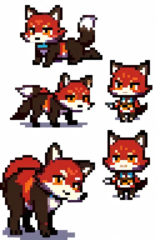 drawing style, cloth mutant toy, with life, stopped, 3 images of front, back and side, Puppy, catboy, red fox, White background, black andwhite
