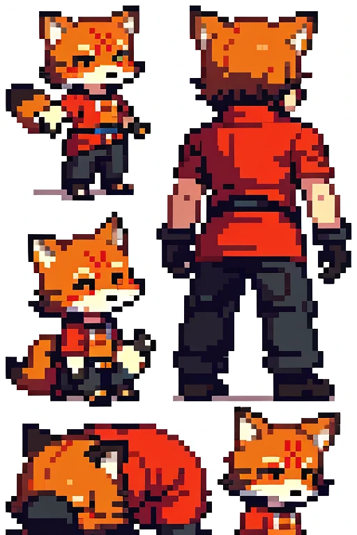 drawing style, cloth mutant toy, with life, stopped, 3 images of front, back and side, Puppy, catboy, red fox, White background, black andwhite