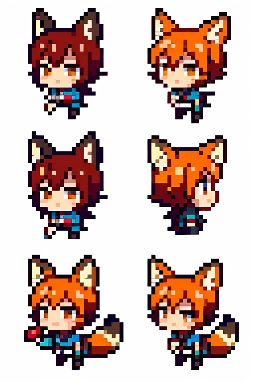 drawing style, cloth mutant toy, with life, stopped, 3 images of front, back and side, Puppy, catboy, red fox, White background, black andwhite
