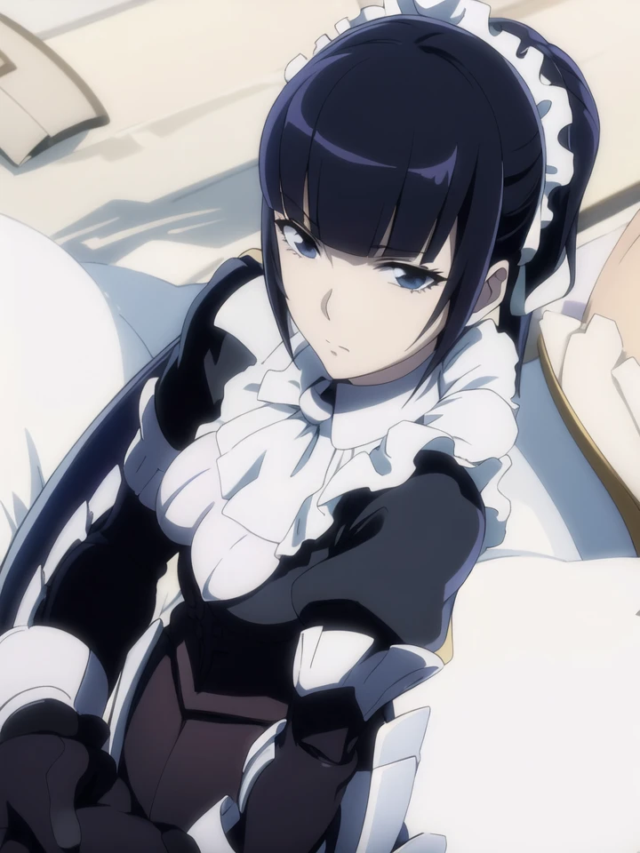 (((picture perfect))), (absurdres), 1girl, solo, narberal gamma, maid, armor, gloves, maid headdress, looking at viewer, expressionless