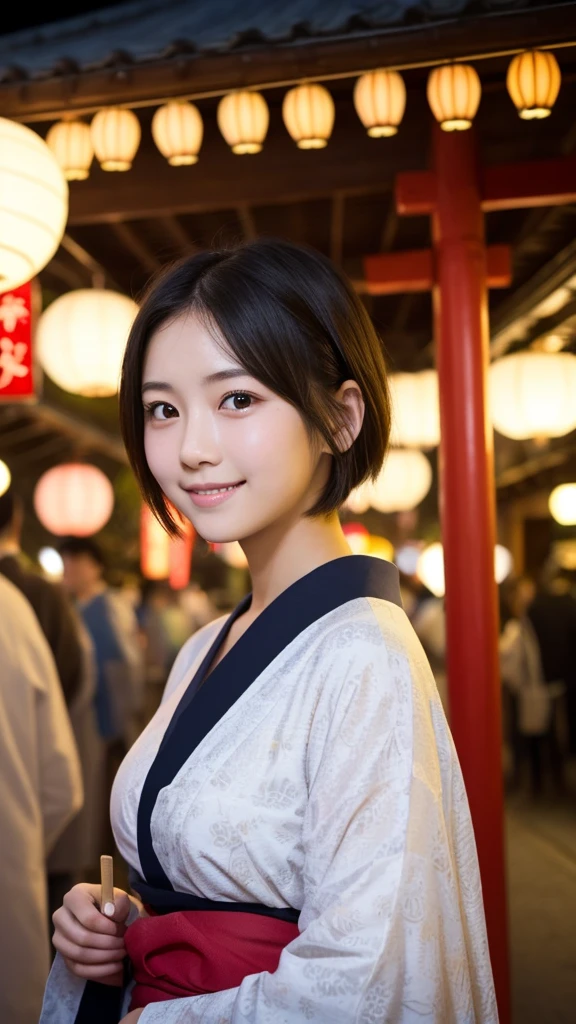 (1 Girl )、(Beautiful Japanese、18years old,round face、Refreshing、clear、seems kind、stylish、Pitiful、cute like an angel、cute、black eyes、,actress,Almond-shaped eyes,Translucent white skin、Beautiful skin), Japan human face , (((Beautiful breasts:0.4))),(((soft breasts))),(very cute),(Black hair),(short cut hair),(enchanting eyes),(highlight on eyes:1.2)、(8K、Live shooting、highest quality、masterpiece:1.2、optimal lighting)、((masterpiece)),(Photo taken by a professional photographer),(real、photo real:1.4),BREAK,{ (Beautiful Japanese patterns),(traditional yukata)},(cheeks are red:1.3), BREAK, BREAK,Face shot:1.3、 face close-up,Looking at viewer、,Smile,,Japanese countryside shrine,night:1.4、Japanese countryside,、lantern、Japanese Festivals、A stall selling Japanese food、side shot,Busy with passersby