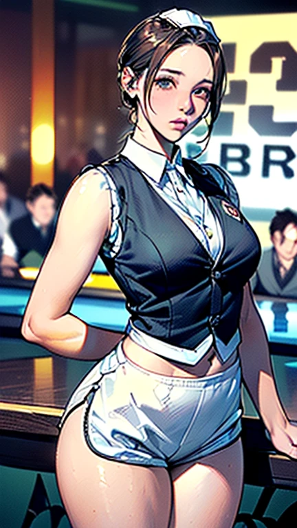 masterpiece,best quality,Very detailed,high resolution,8K,wallpaper,Perfect lighting,rest(A woman),(The habit of being a waiter at a sports bar:1.5),(48 years old),(Siren),(((Perfectly fitted white vest:1.5))),((This vest has a sports bar logo on it..:1.5)),(((Short shorts:1,5))),(((Very detailedなコスチュームの描画:1.5))),rest(beautiful eyes:1.5),(Detailed face:1.5),(Detailed face:1.5),((Very detailedな女性の手:1.5)),(Glowing skin:1.2),(Large Breasts:1.2),(Thick thighs:1.5),(body of:1.5),(sports bar background:1.5),(((Blurred Background:1.5))),rest(((I'so awkward:1.5)))((Full and soft breasts,)))(((Large Breasts))) (((Cleavage)))