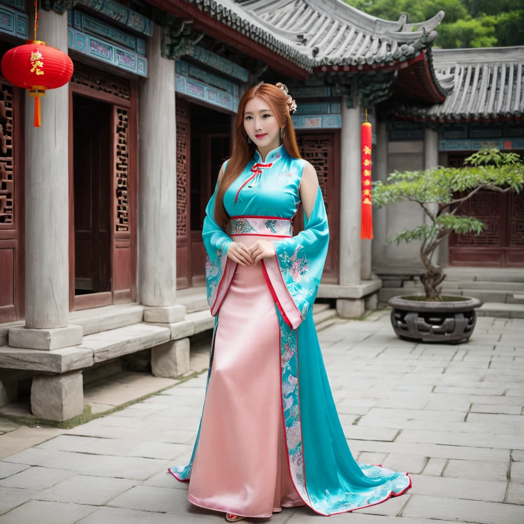 american beautiful girl, long ginger hair, she is dressed with oriental chinese dress, ancient asia, ch1n4, chinese dress, sleeveless, she has big breast (large breast), chinese attire