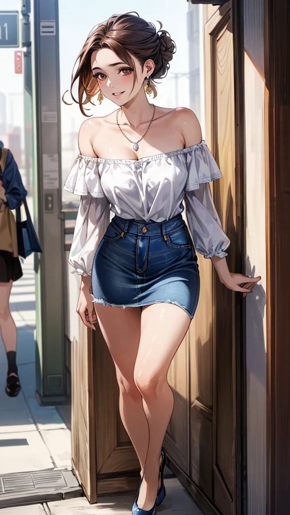 (masterpiece:1.3, Highest quality, Ultra-high resolution:1.2, Super detailed、8K), (Realistic, photoRealistic:1.4), Beautiful illustrations, Perfect lighting, colorful, Depth of written boundary, Beautiful detailed hair, Beautifully detailed face, Beautiful fine details, Droopy eyes、Beautiful clavicle, Beautiful body, 美しいLarge Breasts, Beautiful thighs, Beautiful feet, Beautiful fingers, View Viewer、Front view:0.6, Beauty1人, Japanese, Beauty、30 years old, Perfect Face, (Perfect Anatomy, Anatomically correct), Cute and symmetrical face, Baby Face, , Shiny skin,(White off-the-shoulder blouse:1.4), ((Denim skirt:1.5)) 、(pumps:1.3)、(Dark brown hair, Updo Hair:1.4), braided bangs、Dark brown eyes, (Large Breasts, Slim body), necklace, Small earrings:1.1, (Beautiful views), (noon), Shopping mall、Are standing、 A soft smile、(Smile, Lips parted),