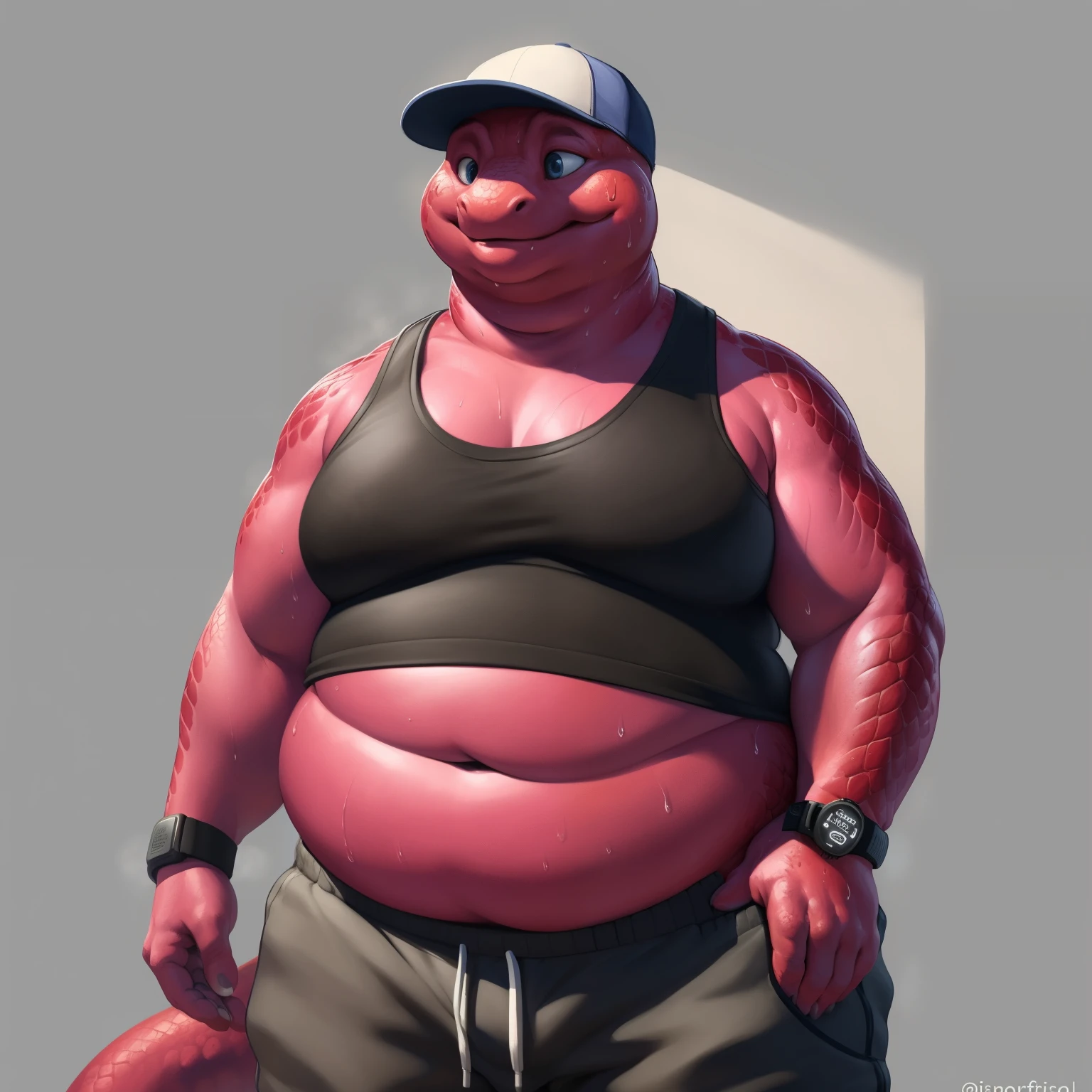 simple background, simple grey background:1.6, 8k, fine details, (ultra detailed), solo:1.3, a beautiful and detailed full size portrait of a female anthro salamander (((pink body, red skin, red scales))), blue eyes, lizard eyes, lizard tail, bedroom eyes, High Dynamic Range, detailed eyes, big body goddess, overweight body, fat belly, (fat arms:1.4), (fat fingers), (fat neck:1.3), (double chin:1.5), (fat cheeks:1.2), (puffed cheeks), love handles, deep navel, (huge butt), belly overhang, (weightchubby:1.8) kenket, Ross Tran, ruan jia, vip, trending on artstation, foxovh, cenematic lighting, big breaths, big, (((black tank top, sweatpants, smartwatch on wrist, sports cap)) full body, ((sweating)), front view, standing