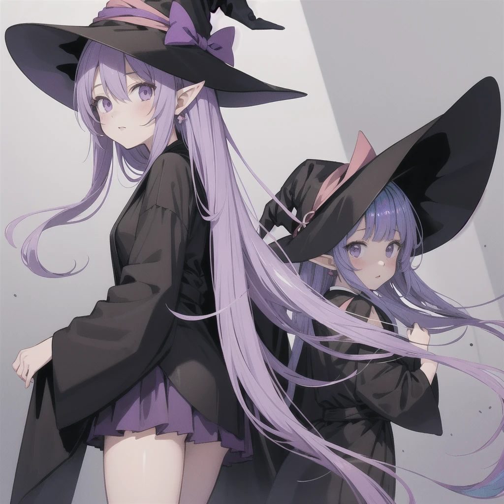 anime girl long purple hair wearing a black Robe. she has pointy ears. Witch Hat. Manga kawaii. iridescent ,An illustration, 0ne person .look back