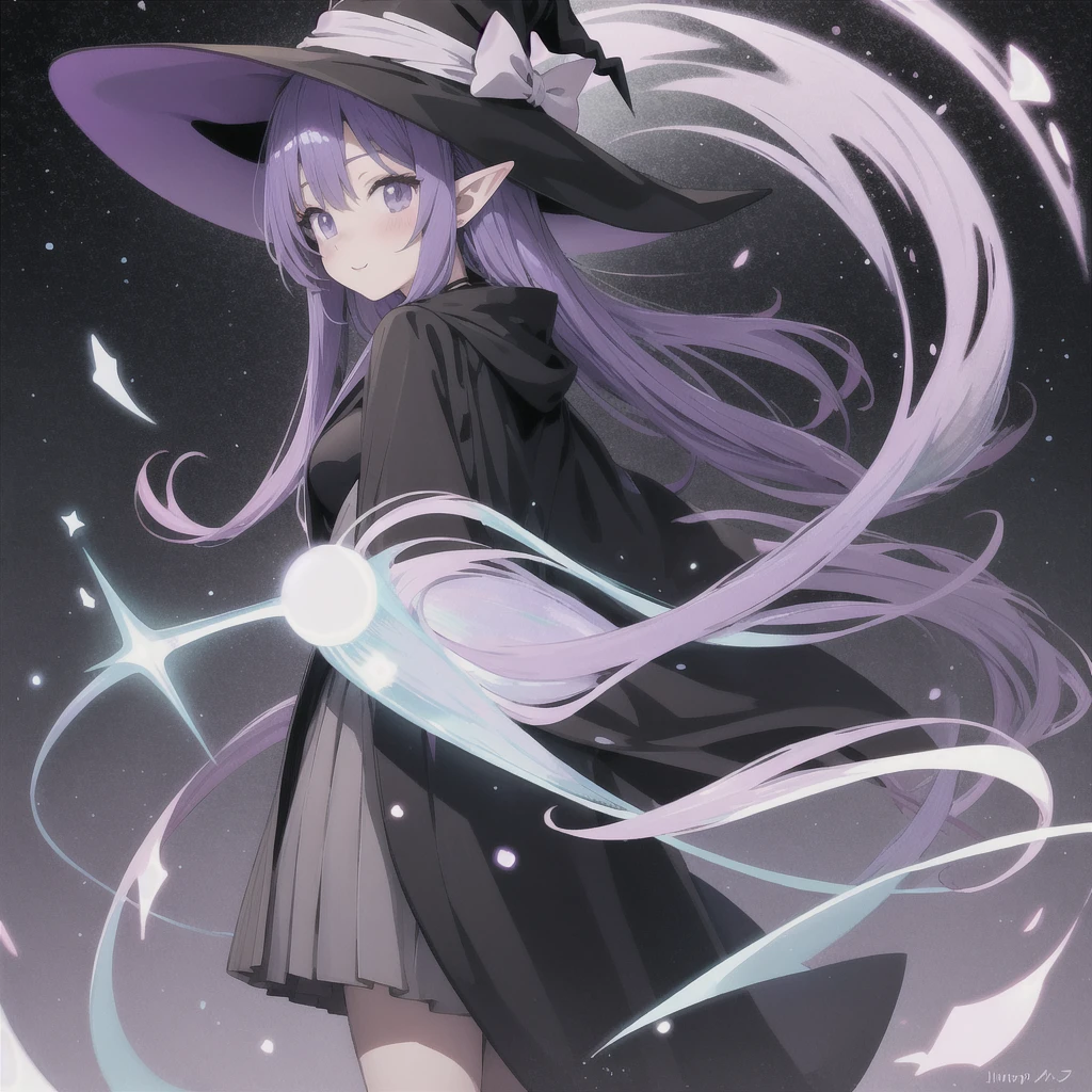 anime girl long purple hair wearing a black Robe. she has pointy ears. Witch Hat. Manga kawaii. iridescent ,An illustration, 0ne person .look back