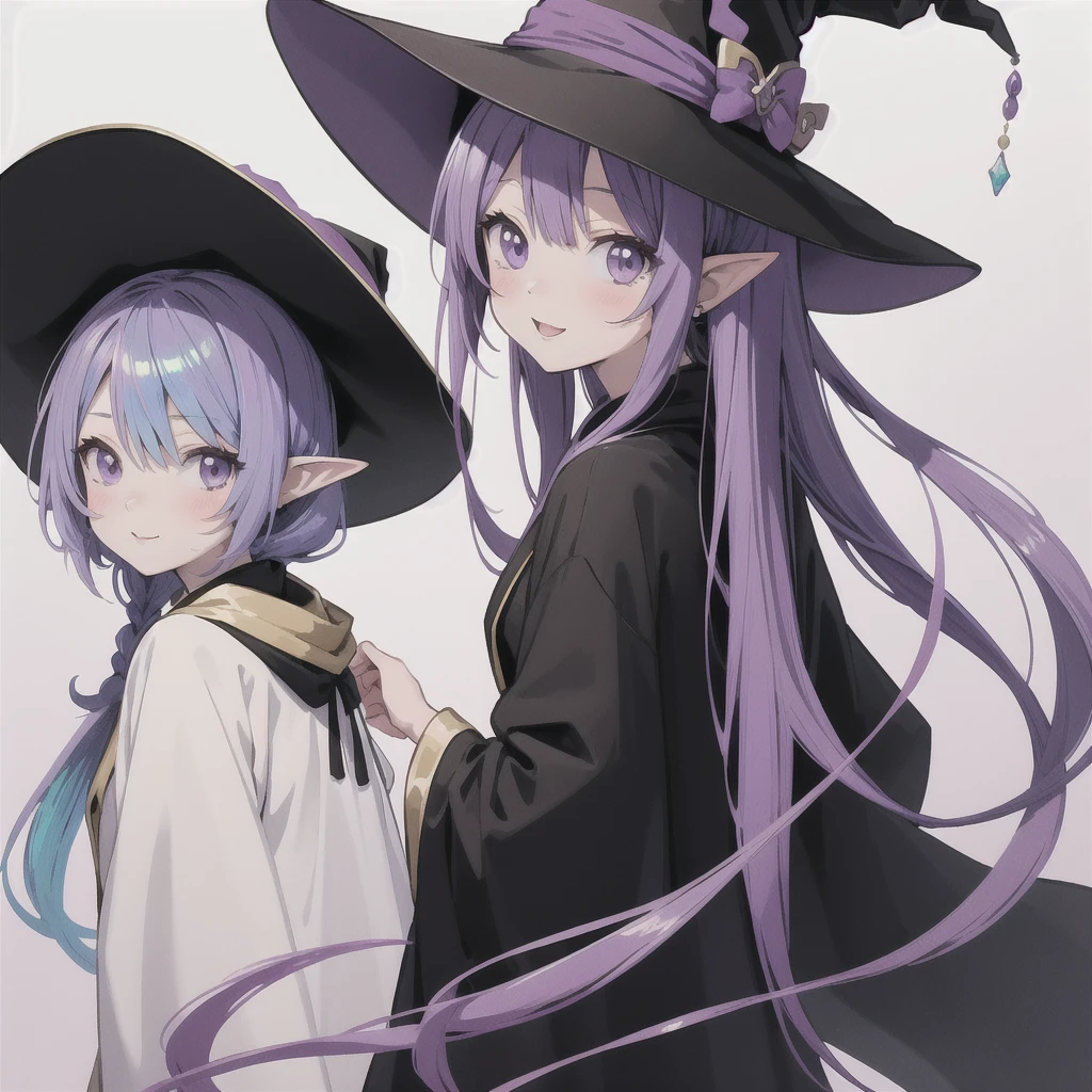 anime girl long purple hair wearing a black Robe. she has pointy ears. Witch Hat. Manga kawaii. iridescent ,An illustration, 0ne person .look back