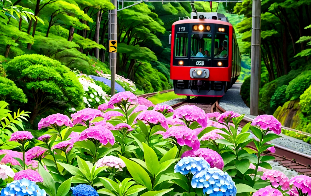 There is a red train going down the tracks, in karuizawa, Flowers around, Parks and Gardens, Full of colorful vegetation, Flower field Summer morning, japan shonan enoshima, details and Vibrant colors, Vibrant colors!!, 🚿🗝📝, Summer 2016, Vibrant colors!, Lush green environment, In summer, Lots of flowers