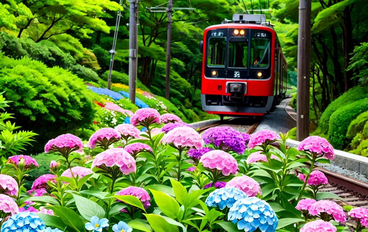 There is a red train going down the tracks, in karuizawa, Flowers around, Parks and Gardens, Full of colorful vegetation, Flower field Summer morning, japan shonan enoshima, details and Vibrant colors, Vibrant colors!!, 🚿🗝📝, Summer 2016, Vibrant colors!, Lush green environment, In summer, Lots of flowers