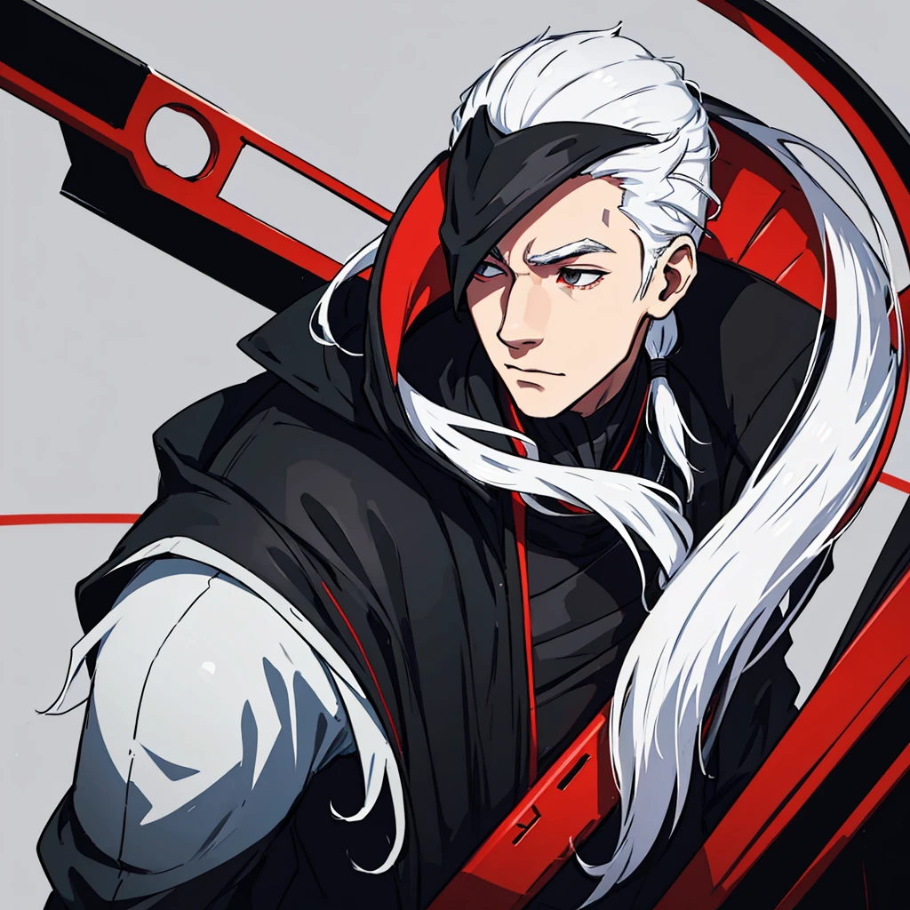 1 young man with white hair with long ponytail wearing a black suit with red interior using a all Black mask covering all the face with no eyes hole An art for an RPG