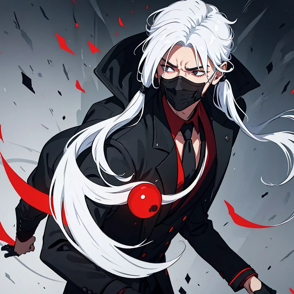ung man with white hair with long ponytail wearing a black suit with red interior using a all Black mask covering all the face with no eyes hole An art for an RPG