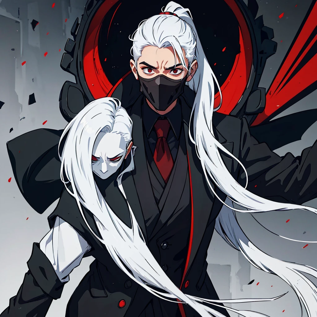 1 young man with white hair with long ponytail wearing a black suit with red interior using a all Black mask covering all the face with no eyes hole An art for an RPG