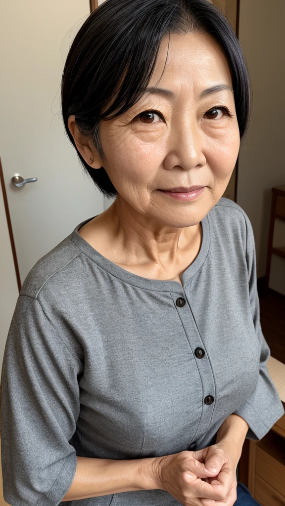 Female, Japanese, 50s, light black short hair, brown eyes, friendly impression, senior-like mature clothing, face beginning to show fine lines and wrinkles.