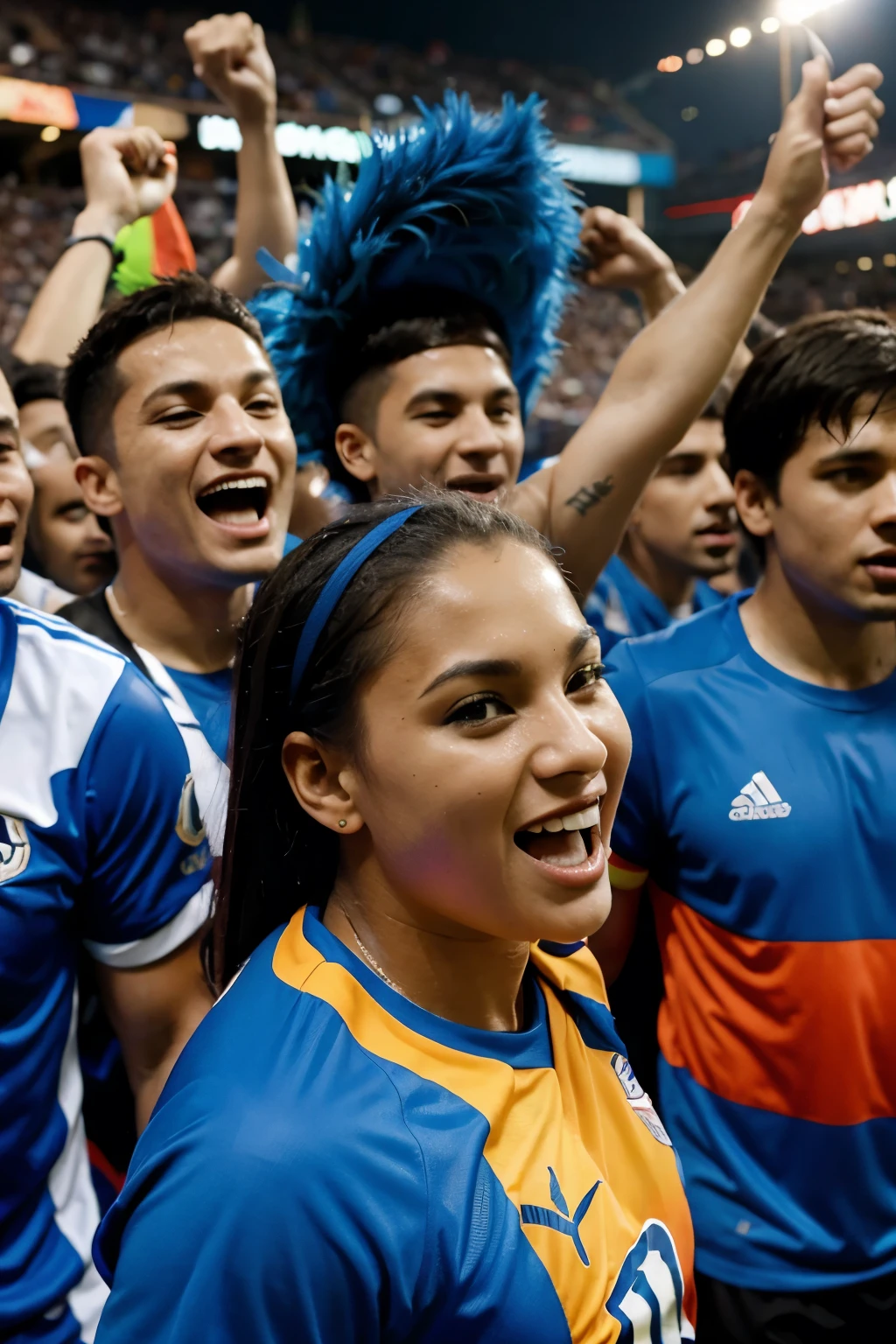 In a vibrant and colorful scene, a boisterous group of soccer fans dressed in blue gather to celebrate their team&#39;s championship. In the center of the party, a magnificent cake decorated with blue details and the number 78 stands out as the symbol of victory. The joy and excitement of the fans are reflected in their smiling faces and their chants of joy.. It is a moment of happiness and camaraderie that captures the essence of the sporting spirit. Long live the champion!