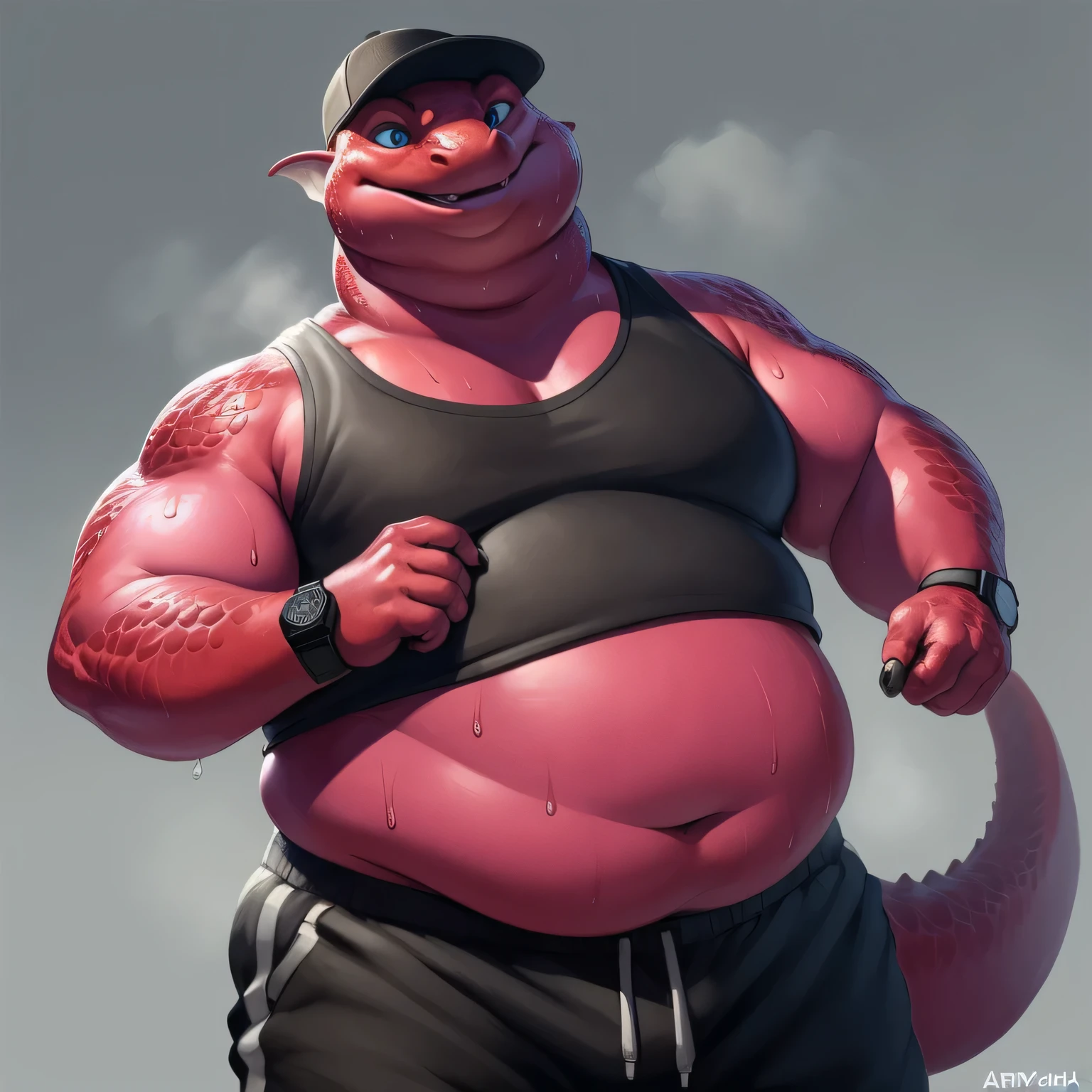 simple background, simple grey background:1.6, 8k, fine details, (ultra detailed), solo:1.3, a beautiful and detailed full size portrait of a female anthro salamander (((pink body, red skin, red scales))), blue eyes, lizard eyes, lizard tail, bedroom eyes, High Dynamic Range, detailed eyes, big body goddess, overweight body, fat belly, (fat arms:1.4), (fat fingers), (fat neck:1.3), (double chin:1.5), (fat cheeks:1.2), (puffed cheeks), love handles, deep navel, (huge butt), belly overhang, (weightchubby:1.8) kenket, Ross Tran, ruan jia, vip, trending on artstation, foxovh, cenematic lighting, big breaths, big, (((black tank top, sweatpants, smartwatch on wrist, sports cap)) full body, ((sweating)), front view, standing