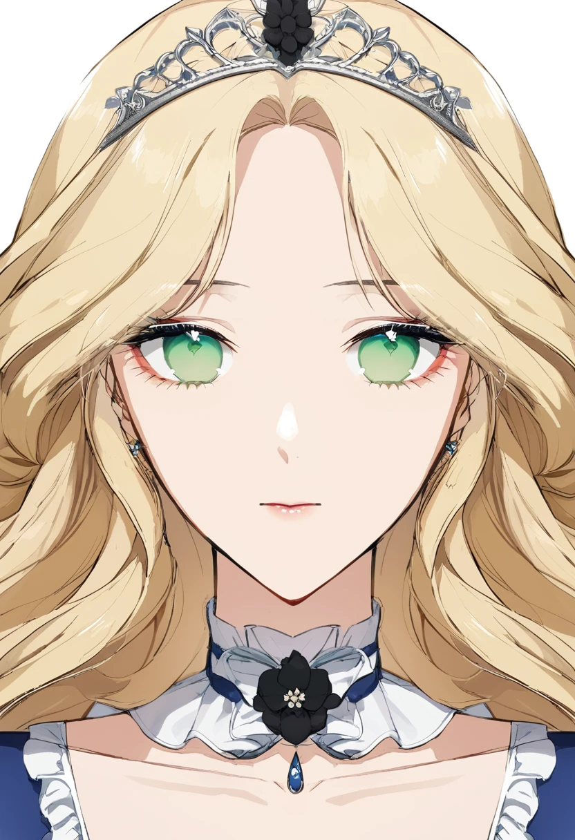 shoujo-style, floral background, romance manhwa, 1girl, blonde hair, solo, long hair, flower, dress, tiara, white dress, gloves, long sleeves, choker, green eyes, mascara, makeup, white gloves, black bow, black flower, wavy hair, bow, jewelry, looking at viewer, white background, collarbone, puffy sleeves, silver accessories, upper body, parted bangs, very long hair, blue dress, frills, bangs, closed mouth, detailed eyes, (close up), gleaming skin, shiny glossy skin