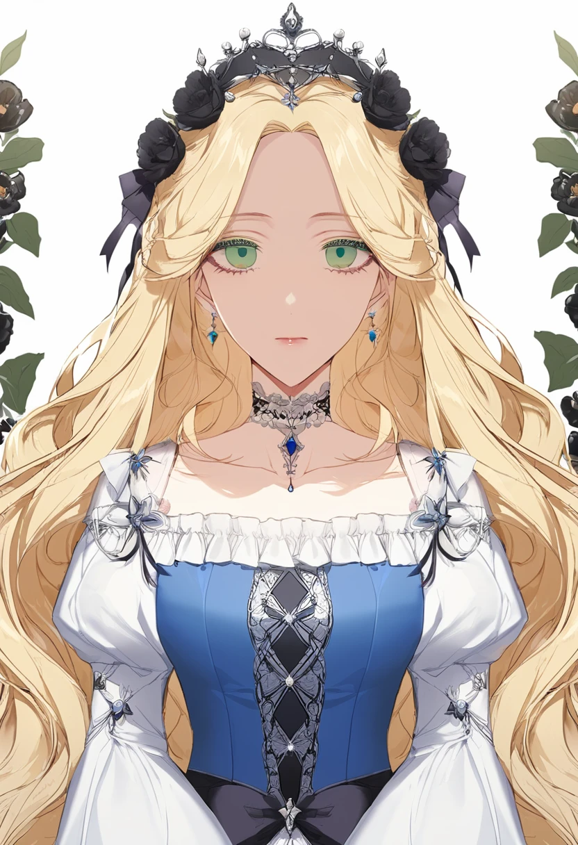 shoujo-style, floral background, romance manhwa, 1girl, blonde hair, solo, long hair, flower, dress, tiara, white dress, gloves, long sleeves, choker, green eyes, mascara, makeup, white gloves, black bow, black flower, wavy hair, bow, jewelry, looking at viewer, white background, collarbone, puffy sleeves, silver accessories, upper body, parted bangs, very long hair, blue dress, frills, bangs, closed mouth, detailed eyes, (close up), gleaming skin, shiny glossy skin