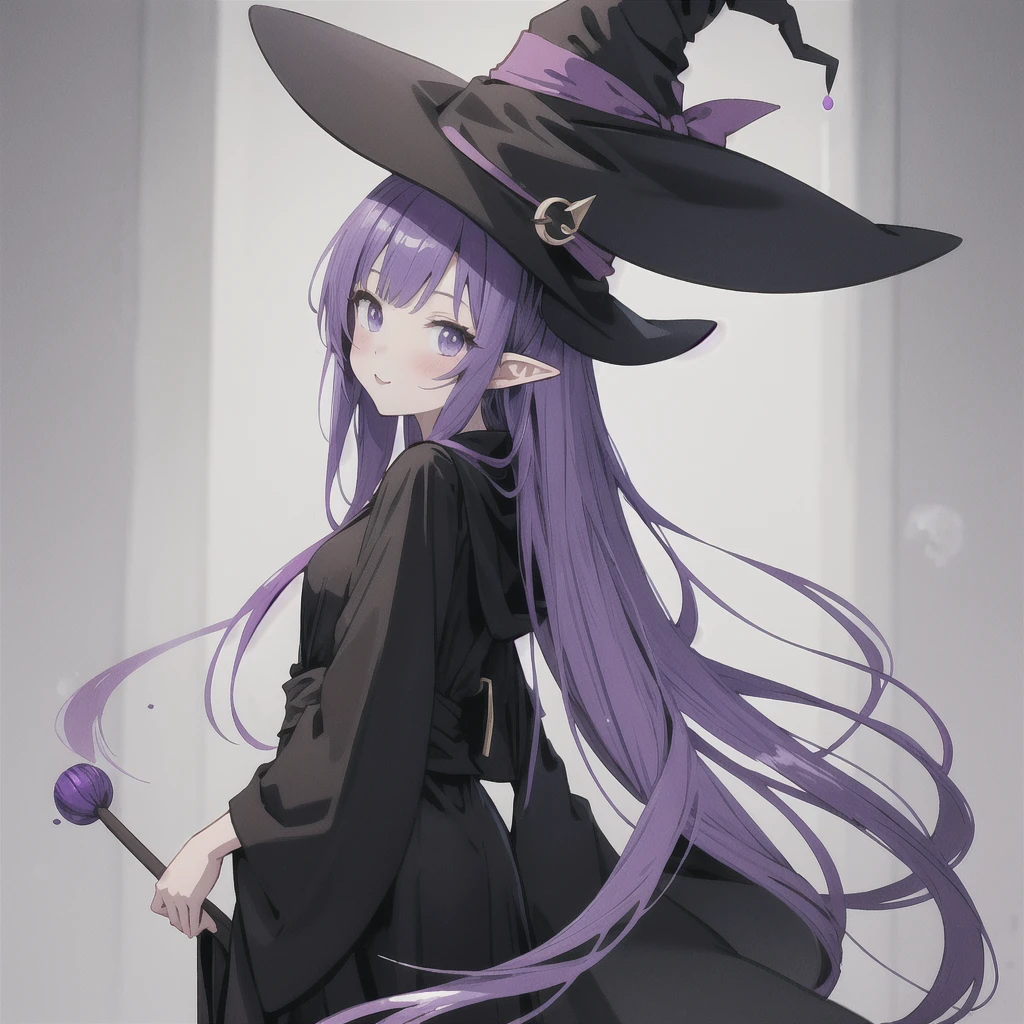 anime girl long purple hair wearing a black Robe. she has pointy ears. Witch Hat. Manga kawaii. iridescent ,An illustration, 0ne person .look back