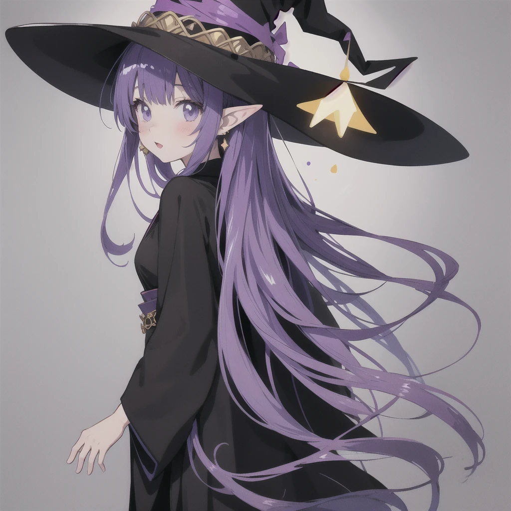 anime girl long purple hair wearing a black Robe. she has pointy ears. Witch Hat. Manga kawaii. iridescent ,An illustration, 0ne person .look back