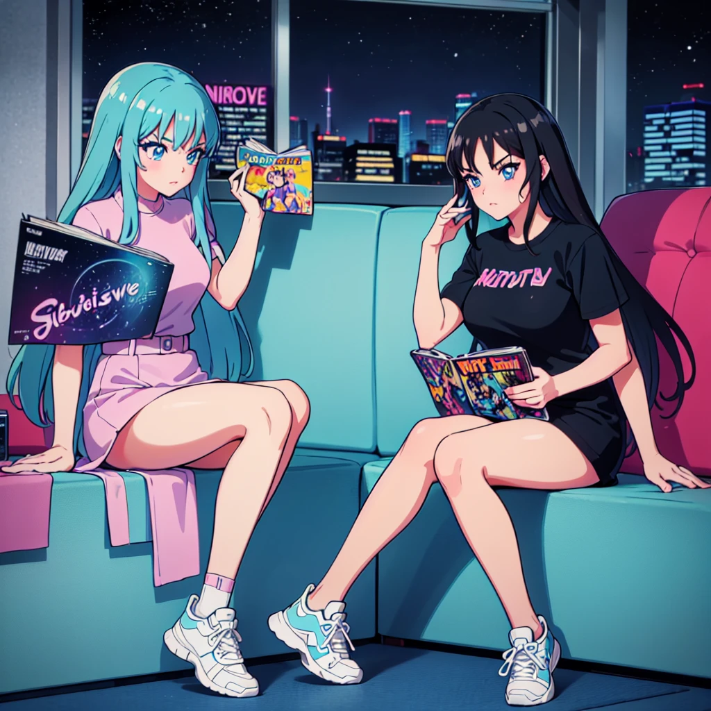 (masterpiece), Highest quality, Expressive eyes, Neon pastel aesthetics, Retro 90s, Neon color,((Girl sitting on sofa,In a cozy room,Records hanging on her wall, Comic books on the floor, Looking out the window behind her at the night city, Upholstered room, Anime figures lined up on a shelf)), Wearing headphones, (All around her it sparkles), (wearing thick colorful sneakers), (blue eyes), (Soft look), (Synthwave Art Style), Colorful Hair, Desk with PC set up