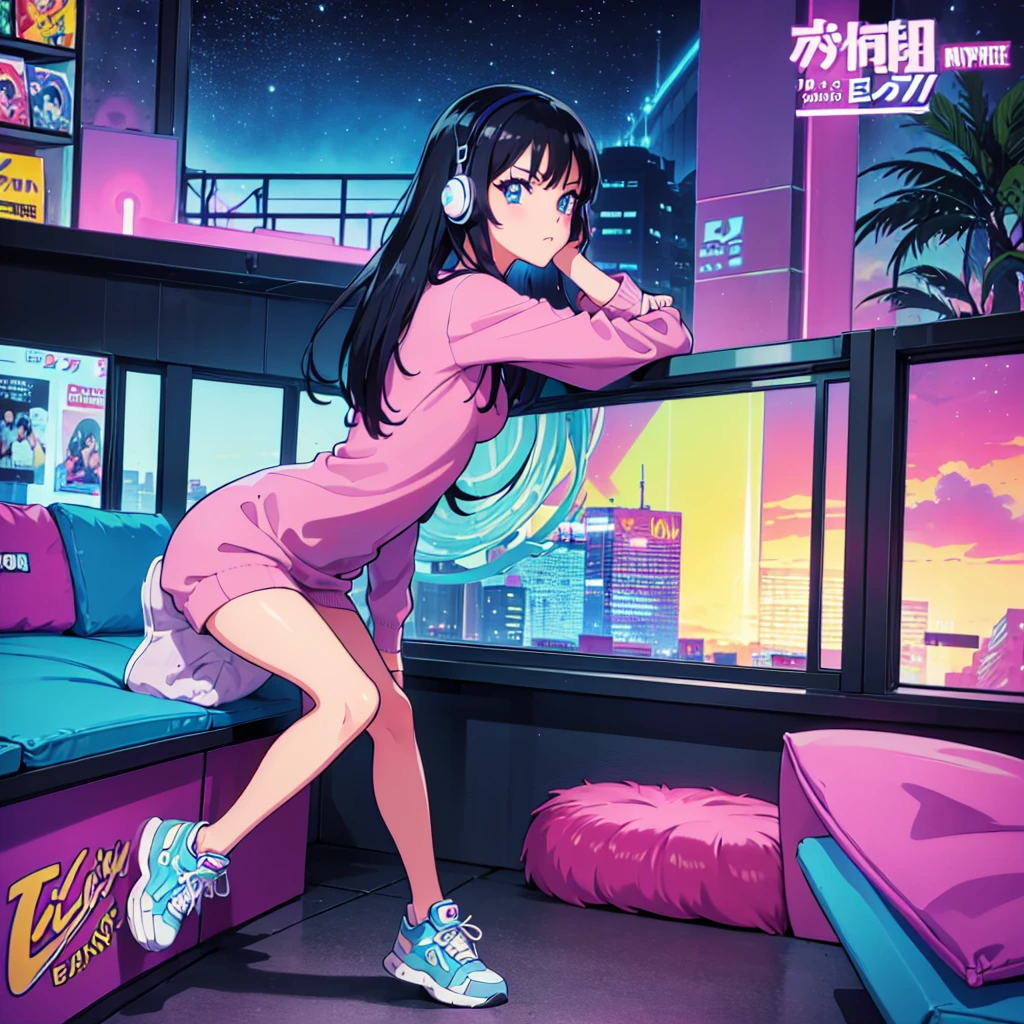 (masterpiece), Highest quality, Expressive eyes, Neon pastel aesthetics, Retro 90s, Neon color,((Girl sitting on sofa,In a cozy room,Records hanging on her wall, Comic books on the floor, Looking out the window behind her at the night city, Upholstered room, Anime figures lined up on a shelf)), Wearing headphones, (All around her it sparkles), (wearing thick colorful sneakers), (blue eyes), (Soft look), (Synthwave Art Style), Colorful Hair, Desk with PC set up