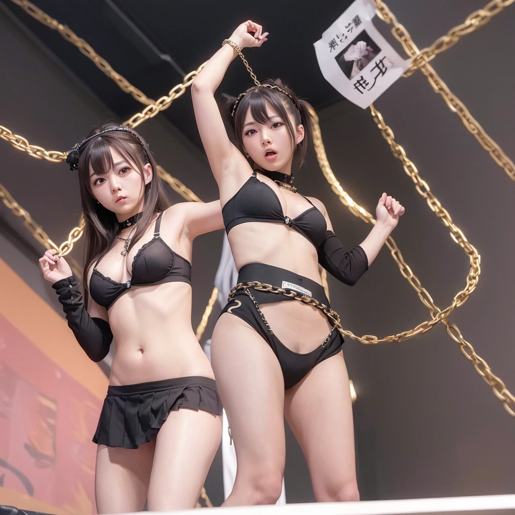 ((Highest quality)), ((masterpiece)), (detailed), 　Tanaka Reina　Japanese women　Bun Hair　Hands in chains　Japanese women　Black bra　Tight Skirt　potbelly　Adult　　Female　Two men　Panty shot　Leg spread　Tape on mouth　The man is middle-aged　Both hands up　handcuffs