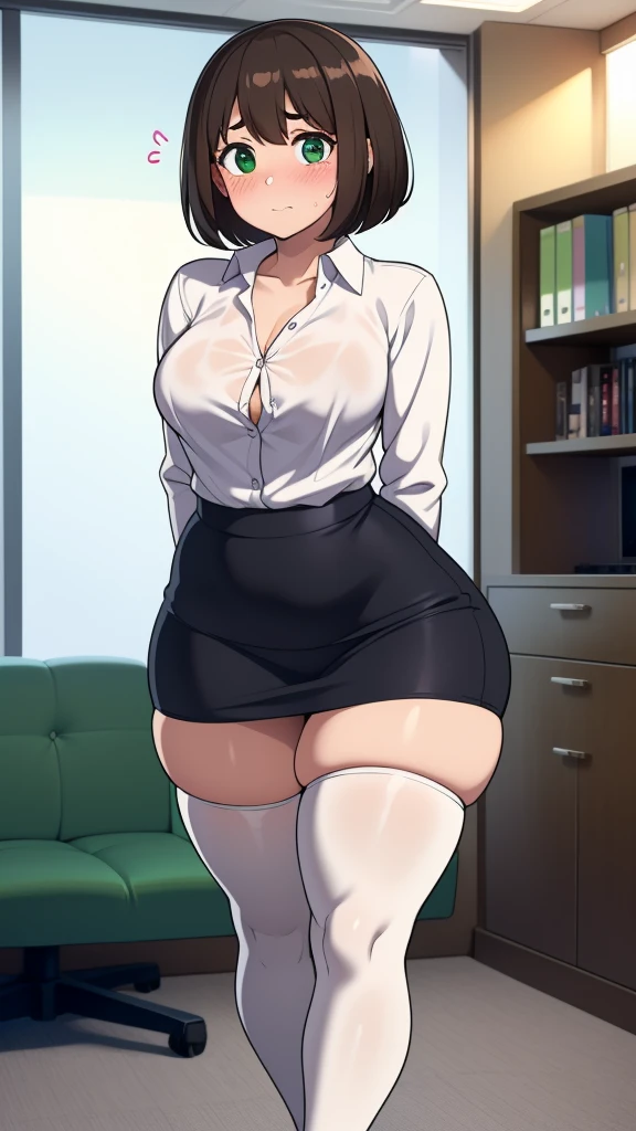 ((highres)), Masterpiece, high quality, best quality, beautiful, perfect lighting, detailed face, ultra cute face, ((1girl)), ((solo), short brown hair, fluffy hair, green eyes, ((blush)), nervous, looking at viewer, arms behind back, standing in a office, (office), daytime, dress shirt, pencil skirt, thigh highs, wide hips, thick thighs, medium breasts, perky breasts, 20 year old female,