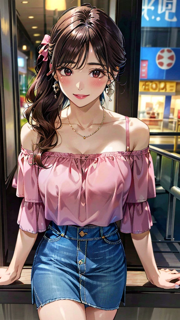 (masterpiece:1.3, Highest quality, Ultra-high resolution:1.2, Super detailed、8K), (Realistic, photoRealistic:1.4), Beautiful illustrations, Perfect lighting, colorful, Depth of written boundary, Beautiful detailed hair, Beautifully detailed face, Beautiful fine details, Droopy eyes、Beautiful clavicle, Beautiful body, 美しいLarge Breasts, Beautiful thighs, Beautiful feet, Beautiful fingers, View Viewer、Front view:0.6, Beauty1人, Japanese, Beauty、30 years old, Perfect Face, (Perfect Anatomy, Anatomically correct), Cute and symmetrical face, Baby Face, , Shiny skin,(Pink off-shoulder blouse:1.4), ((Denim skirt:1.5)) 、(pumps:1.3)、(Dark brown hair, Updo Hair:1.4), braided bangs、Dark brown eyes, (Large Breasts, Slim body), necklace, Small earrings:1.1, (Beautiful views), (noon), Shopping mall、Are standing、 A soft smile、(Smile, Lips parted),