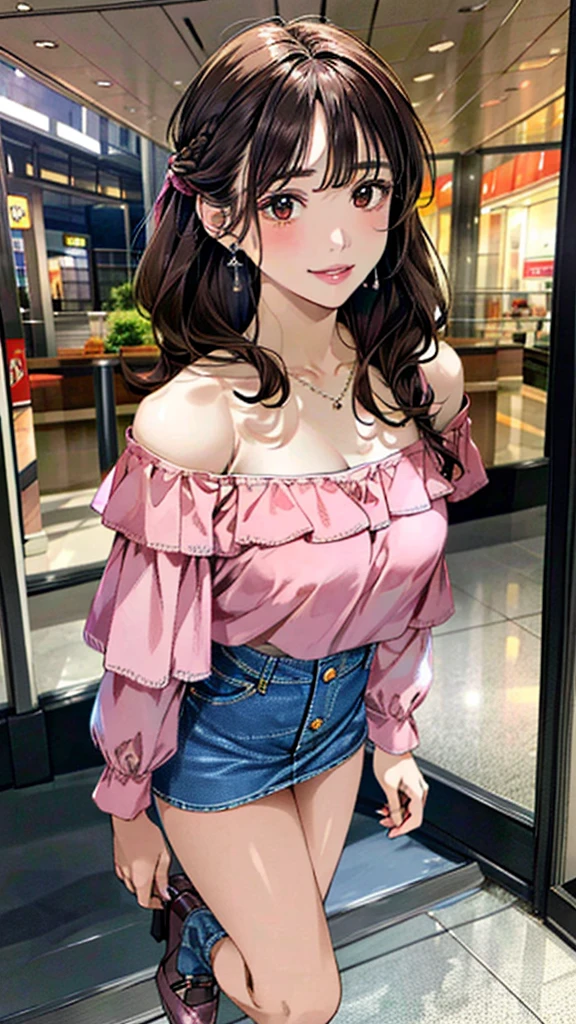 (masterpiece:1.3, Highest quality, Ultra-high resolution：1.2, Super detailed、8K), (Realistic, photoRealistic:1.4), Beautiful illustrations, Perfect lighting, colorful, Depth of written boundary, Beautiful detailed hair, Beautifully detailed face, Beautiful fine details, Droopy eyes、Beautiful clavicle, Beautiful body, 美しいLarge Breasts, Beautiful thighs, Beautiful feet, Beautiful fingers, View Viewer、Front view:0.6, Beauty1人, Japanese, Beauty、30 years old, Perfect Face, (Perfect Anatomy, Anatomically correct), Cute and symmetrical face, , , Shiny skin,(Pink off-shoulder blouse:1.4), ((Denim skirt:1.5))  、(pumps:1.3)、(Dark brown hair, Updo Hair:1.4), braided bangs、Dark brown eyes, (Large Breasts, Slim body), necklace, Small earrings:1.1, (Beautiful views), (noon),  Shopping mall、Are standing、 A soft smile、(Smile, Lips parted),