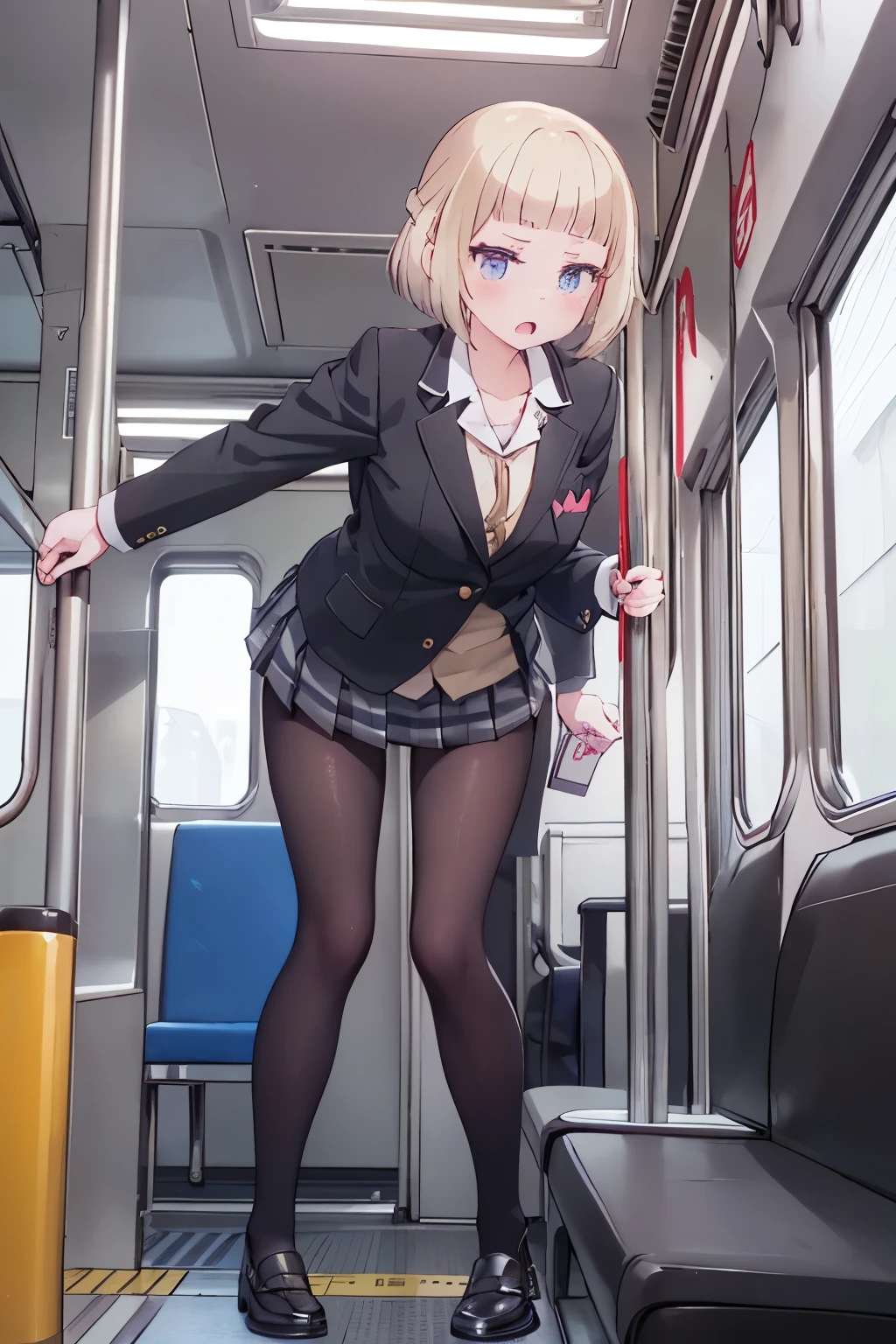 (8K、Highest quality、highest quality、masterpiece)、Detailed face、One girl、on the train、((Pressing her chest against the train window 1.4))、、short hair、、blunt bangs、Grey Eyes、、、((Blazer jacket uniform))、((Pleated skirt))、((No panties))、((bent over))、Back Alley Background、Very large breasts、Nipples are visible、、Black Pantyhose、Milk dripping from nippleilk spurting from the nipple、、Open your mouth、Troubled face、Love juice from the genitals、Full body portrait、Black Loafers、One man、Hearts in the eyes、Sex with a man、A man stands behind