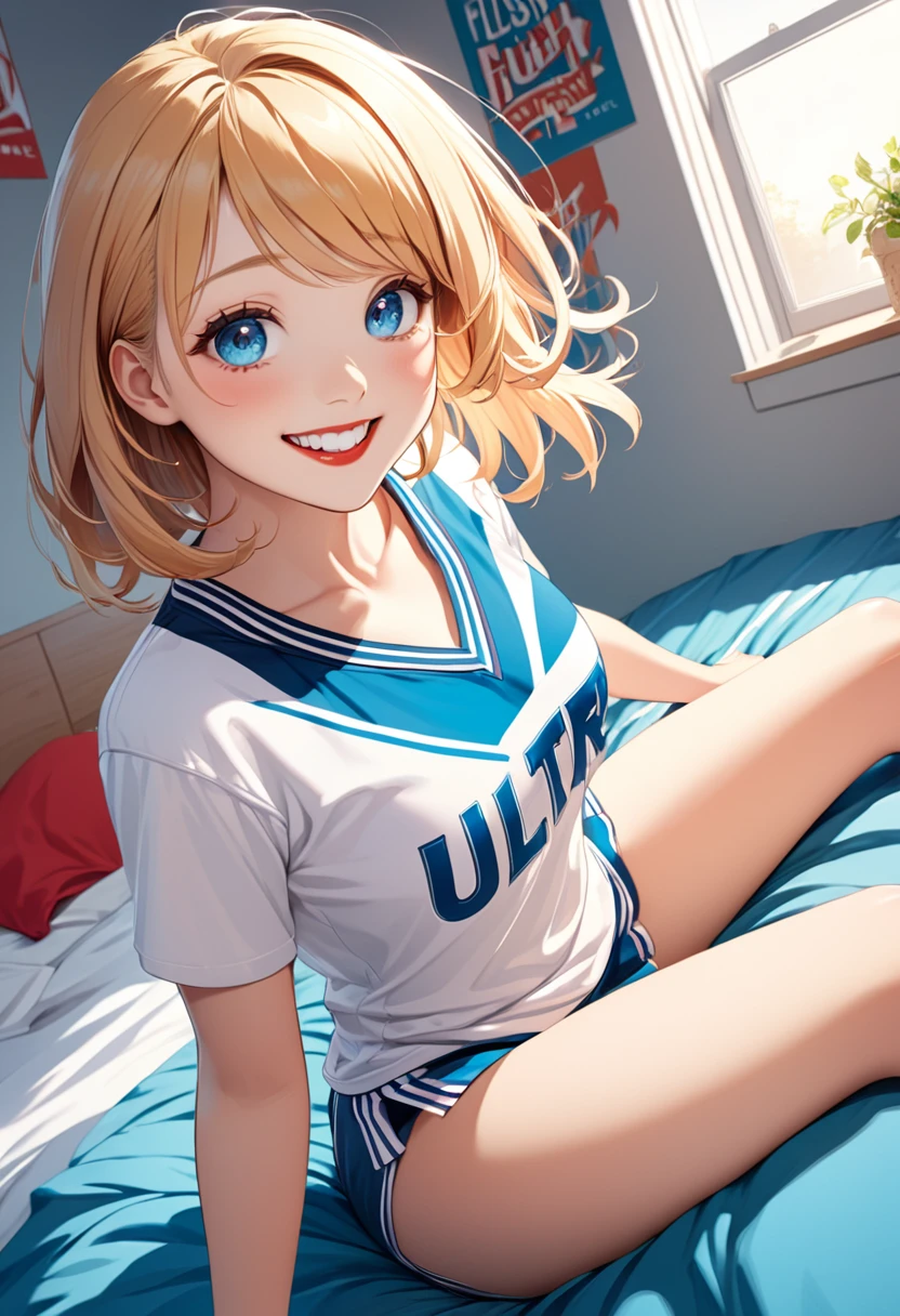 (8k, best quality, master piece: 1.2),super high resolution,1 girl, solo, cowboy shot ,ultra-detailed face, Selfie, Cheerleader、Ash、Private room、bed、Midnight、Starry Sky、wariza, hand between legs, Collarbone, Ecstatic expression