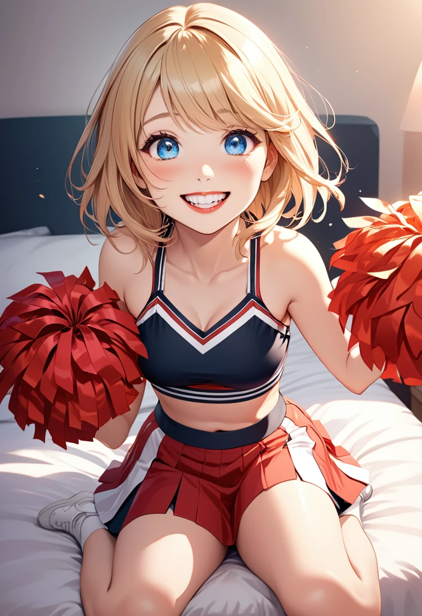 detailed illustration (side view),dynamic angle, ultra-detailed, illustration, 1girl, blonde hair, black hair, red lips, cheerleader, blue eyes, bright eyes, detailed eyes, sitting on bed, bedroom, smiling, happy, grin, delighted, pleasure, blush, flush,