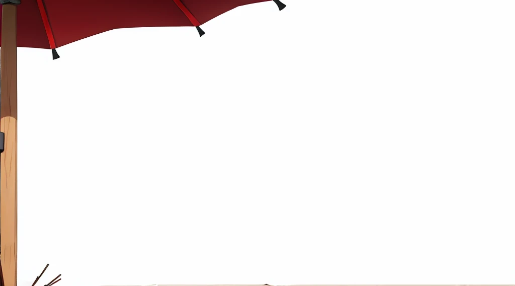 a re umbrella with wooden stick, under the umbrella