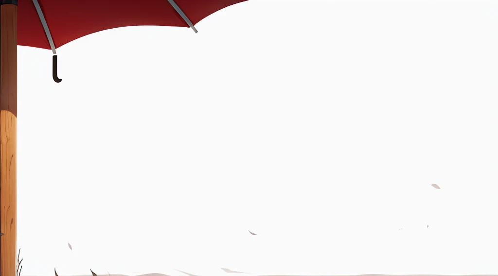 a re umbrella with wooden stick, under the umbrella