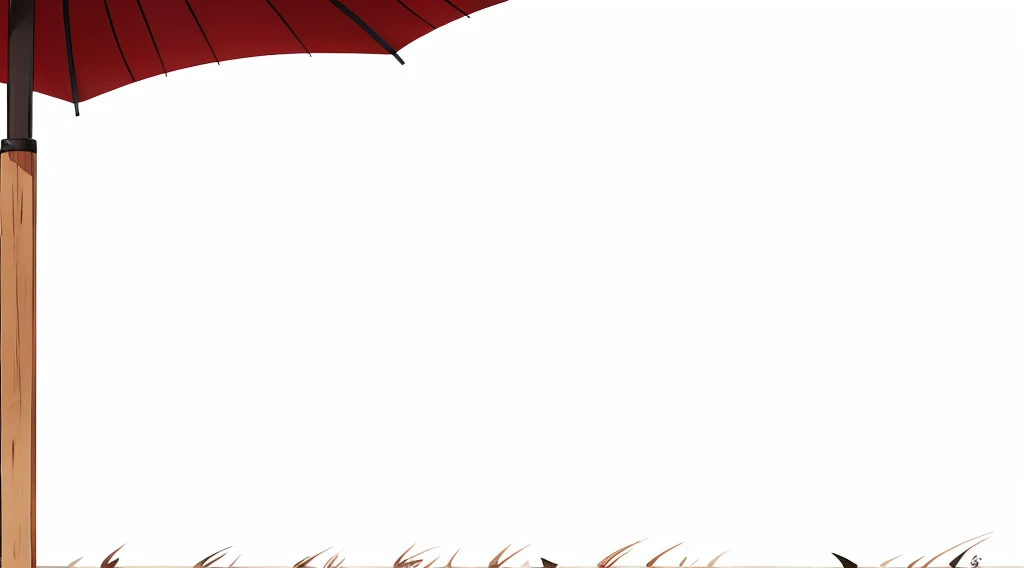 a re umbrella with wooden stick, under the umbrella
