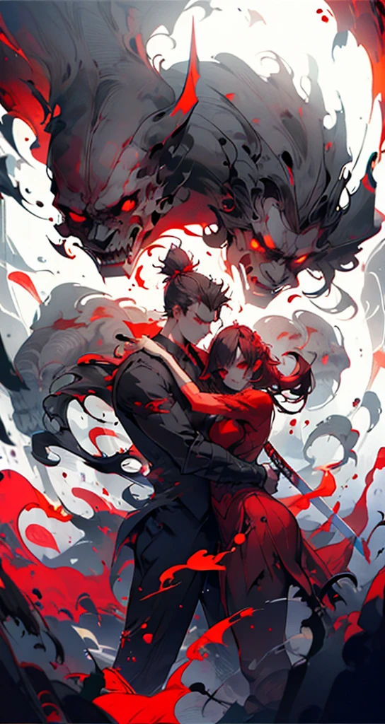 Guy with a sword in a suit, THE GIRL IN THE BACKGROUND, hugs, red blood element, Red Demon Eyes, HD light and dark, rendering balance, HD lighting and darkness)<=(Epic image quality) gloomy atmosphere with bright particle light (many effects in the background)