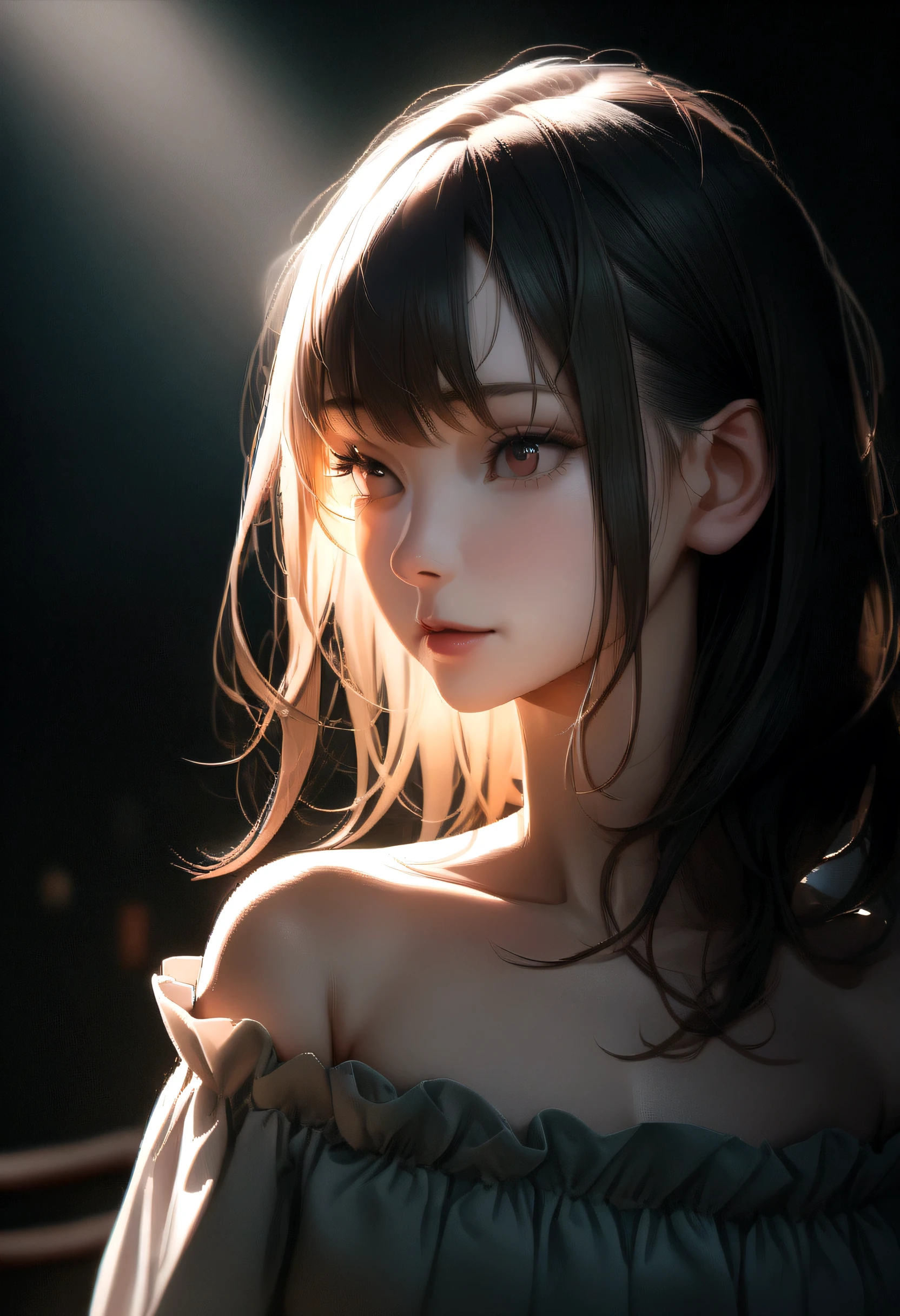 Best Quality, Masterpiece, Ultra High Resolution, (Realisticity: 1.4), Original Photo, 1girl, grey Off-the-Shoulder, Cinematic Lighting