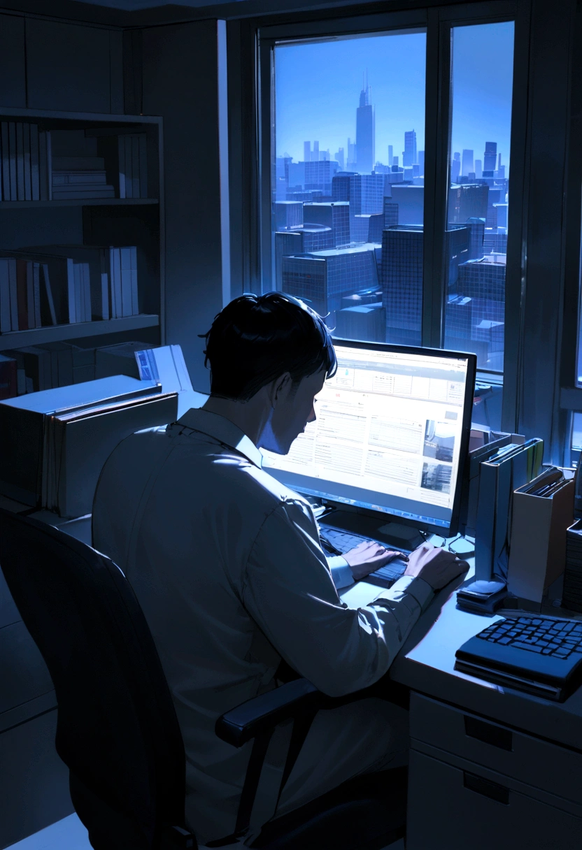 A 35-year-old white man with short black hair, wearing a gray business suit, sitting at his office desk, working on his computer. The office has white walls, a window behind him overlooking the city. There are bookshelves and folders on the wall.