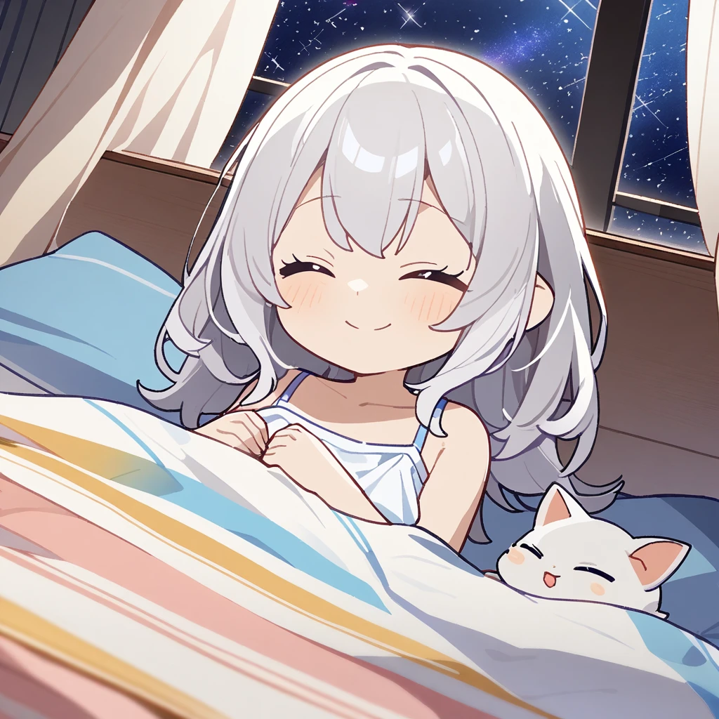 masterpiece、Highest quality、Depth of subject、２D illustration、1 beautiful girl、独奏, (((chibi style)))、((night)), ((window)), ((starry sky)), Long, beautiful hair、Shiny silver hair、cute、Beautifully detailed eyes、((closed eyes))、((blanket))、a cute sleeping kitten on blanket, ((colorful))、Camisole dress、((happy smile))、sleeping on bed, ((close up shot))、((Asleep in bed)), ((in the room))、((There&#39;s a lot of pink around))、Thighs、((vivid color))、sparkle、((Lens flare))、