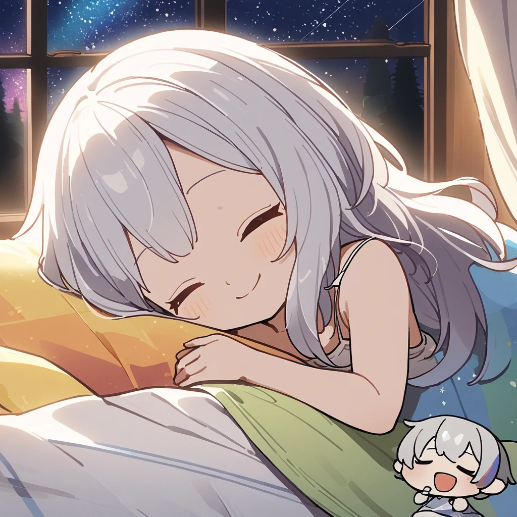 masterpiece、Highest quality、Depth of subject、2D illustration、1 beautiful girl、独奏, (((chibi style)))、((night)), ((window)), ((starry sky)), Long, beautiful hair、Shiny silver hair、cute、Beautifully detailed eyes、((closed eyes))、((blanket))、a cute sleeping kitten on blanket, ((colorful))、Camisole dress、((happy smile))、sleeping on bed, ((close up shot))、((Asleep in bed)), ((in the room))、((There's a lot of pink around))、Thighs、((vivid color))、sparkle、((Lens flare))、