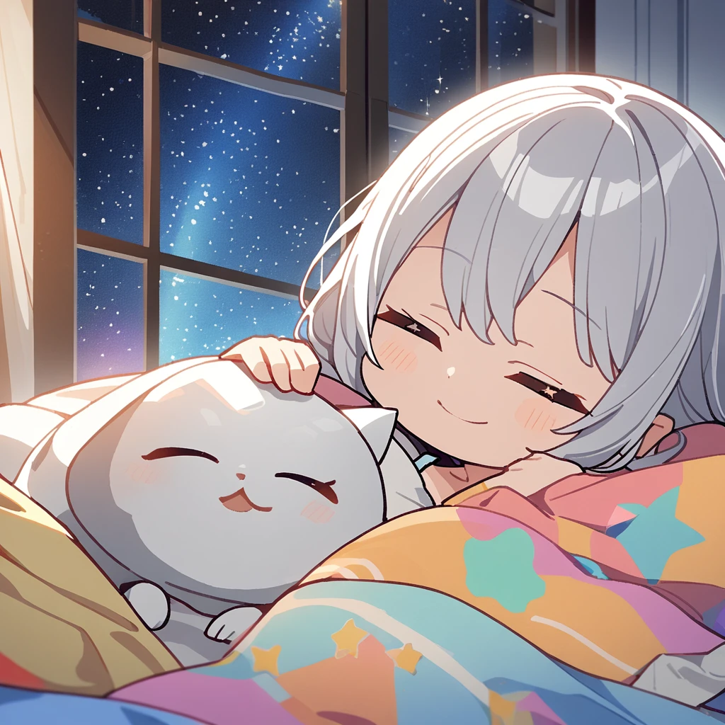 masterpiece、Highest quality、Depth of subject、2D illustration、1 beautiful girl、独奏, (((chibi style)))、((night)), ((window)), ((starry sky)), Long, beautiful hair、Shiny silver hair、cute、Beautifully detailed eyes、((closed eyes))、((blanket))、a cute sleeping kitten on blanket, ((colorful))、Camisole dress、((happy smile))、sleeping on bed, ((close up shot))、((Asleep in bed)), ((in the room))、((There's a lot of pink around))、Thighs、((vivid color))、sparkle、((Lens flare))、