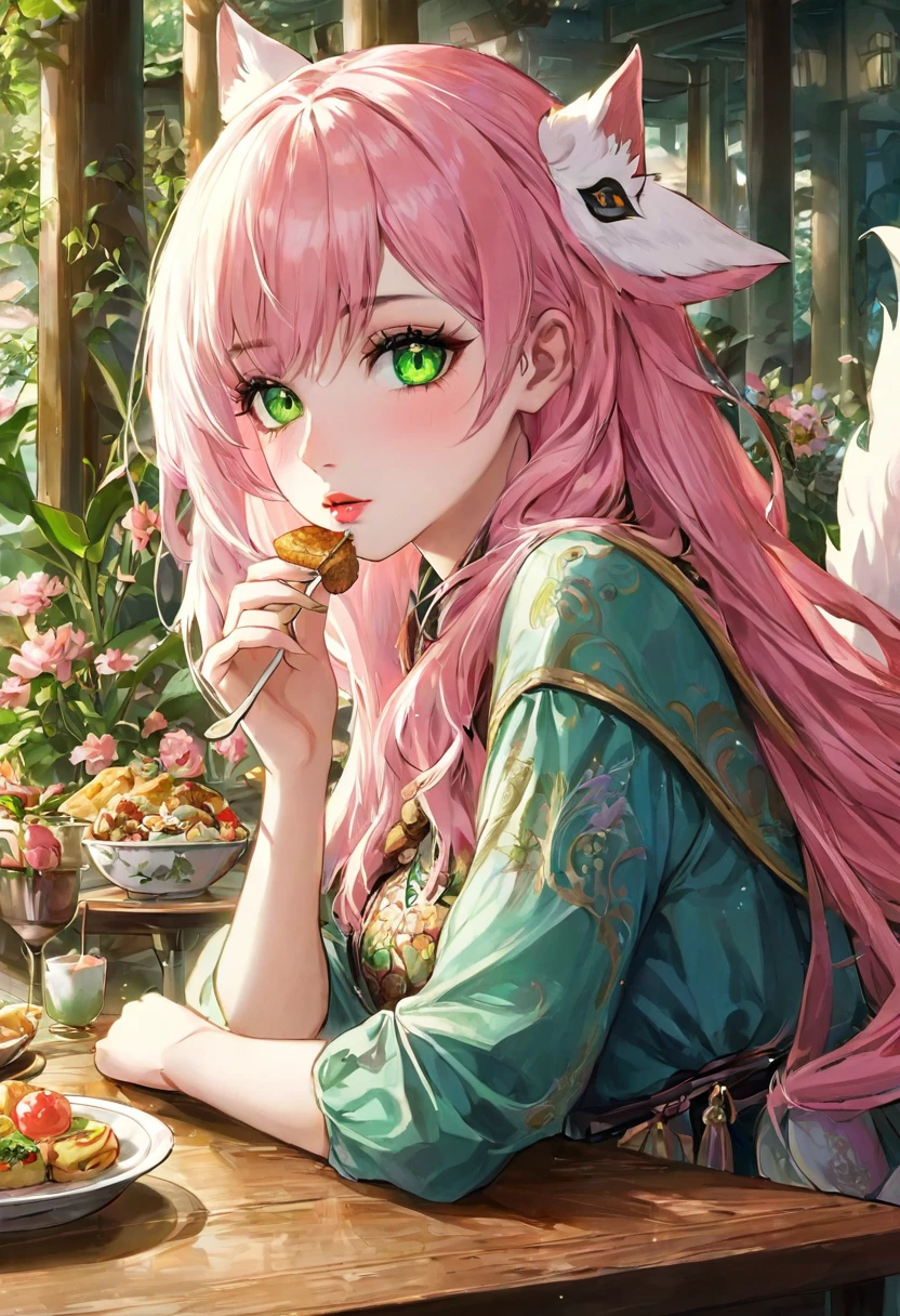 beautiful detailed eyes, beautiful detailed lips, extremely detailed eyes and face, long eyelashes, 1girl, a little kitsune, pink hair, green eyes, sitting at a table, eating, fantastical environment, best quality, fantasy art