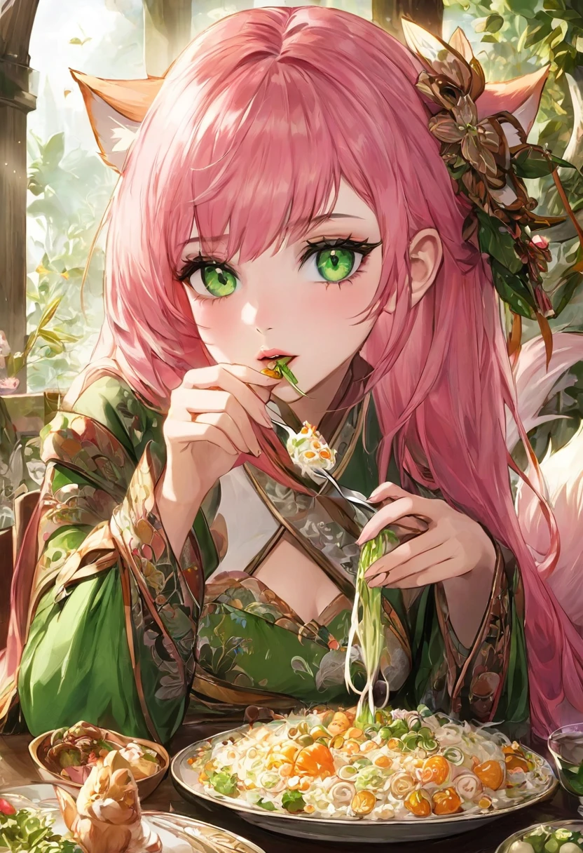 beautiful detailed eyes, beautiful detailed lips, extremely detailed eyes and face, long eyelashes, 1girl, a little kitsune, pink hair, green eyes, sitting at a table, eating, fantastical environment, best quality, fantasy art
