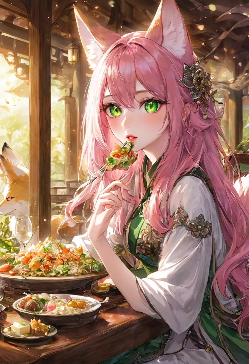 beautiful detailed eyes, beautiful detailed lips, extremely detailed eyes and face, long eyelashes, 1girl, a little kitsune, pink hair, green eyes, sitting at a table, eating, fantastical environment, best quality, fantasy art