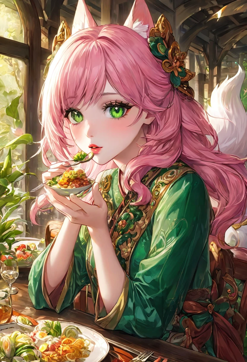 beautiful detailed eyes, beautiful detailed lips, extremely detailed eyes and face, long eyelashes, 1girl, a little kitsune, pink hair, green eyes, sitting at a table, eating, fantastical environment, best quality, fantasy art