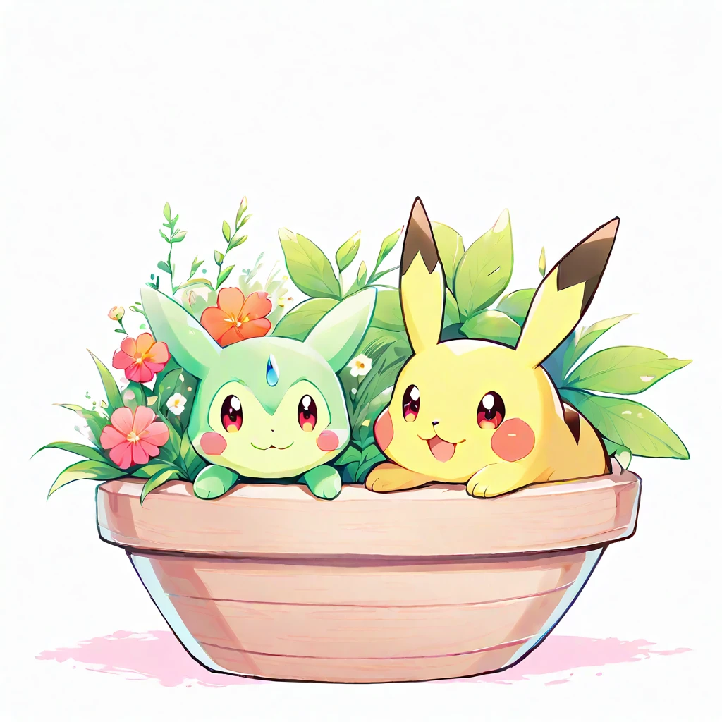 cozy scene featuring hanging planters with adorable Pokémon, adding elements of Pikachu. The planters should be filled with lush greenery and colorful flowers. Include Pikachu comfortably resting in one of the planters, alongside other Pokémon like Celebi and Snivy. Use soft pastel colors and whimsical details to enhance the charm. The background should have subtle stripes with shades of green and peach, maintaining a warm and inviting atmosphere