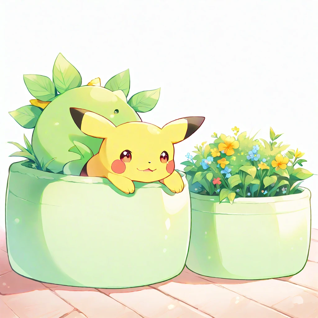 cozy scene featuring hanging planters with adorable Pokémon, adding elements of Pikachu. The planters should be filled with lush greenery and colorful flowers. Include Pikachu comfortably resting in one of the planters, alongside other Pokémon like Celebi and Snivy. Use soft pastel colors and whimsical details to enhance the charm. The background should have subtle stripes with shades of green and peach, maintaining a warm and inviting atmosphere