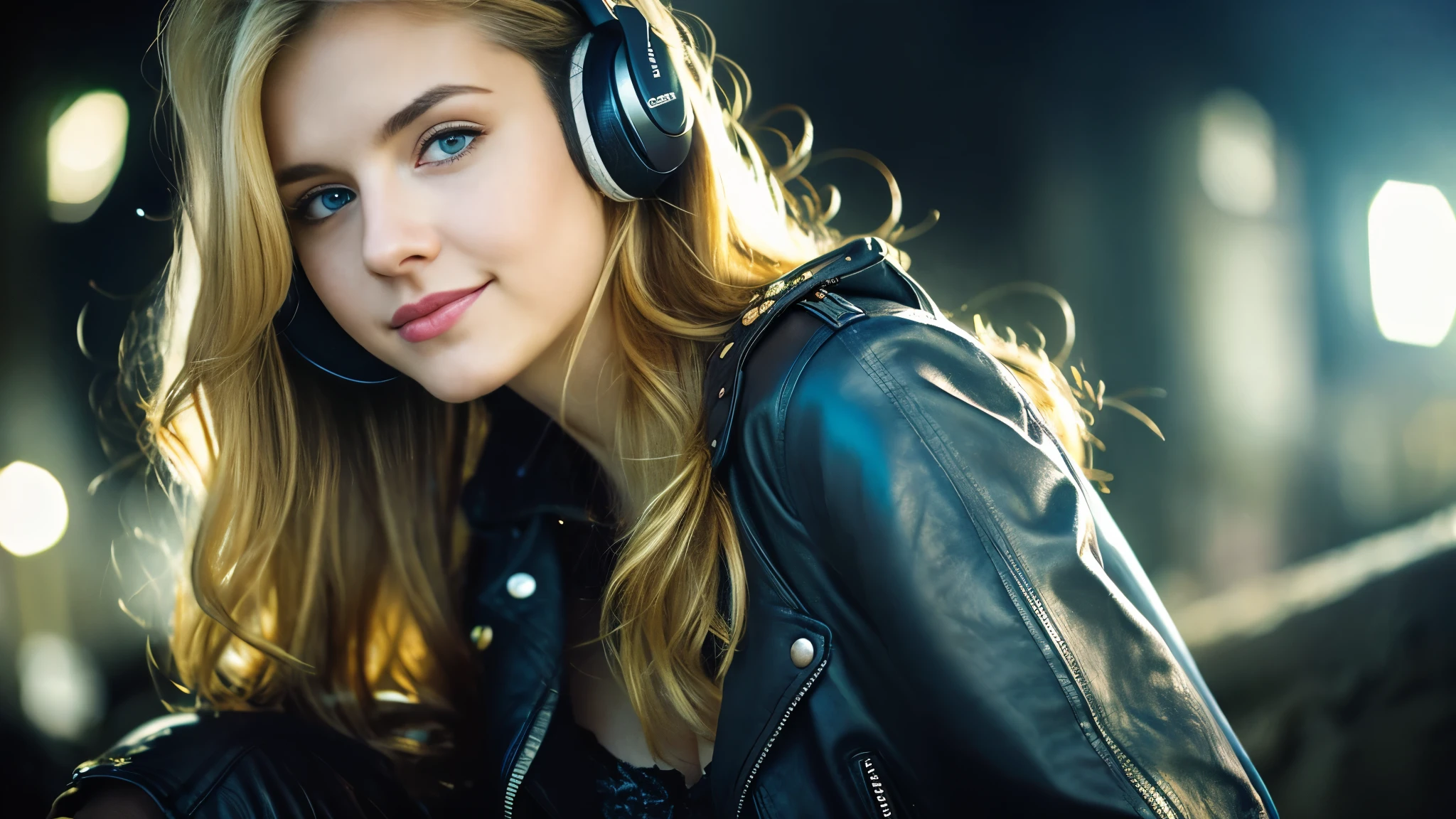 Beautiful blonde with big breasts in a biker jacket (Resting in the dark ruins),Wearing headphones,Very detailed, 21 years old, Innocent face, Naturally Wavy Hair, blue eyes, High resolution, masterpiece, Highest quality, Intricate details, Very detailed, Clear focus, Delicate skin, practical skin texture, texture, Delicate eyes, Professional, 4K, Cute Smile, Shot with Canon, 85mm, Shallow and deep, Kodak Vision Color, Exactly, Very detailed, photograph_\(Extremist\), photographpractical, practical, Post-processing, Maximum details, Roughness, Real Life, Extremist practical, Photorealism, photographgraphy, 8K Ultra HD, photographgraphy